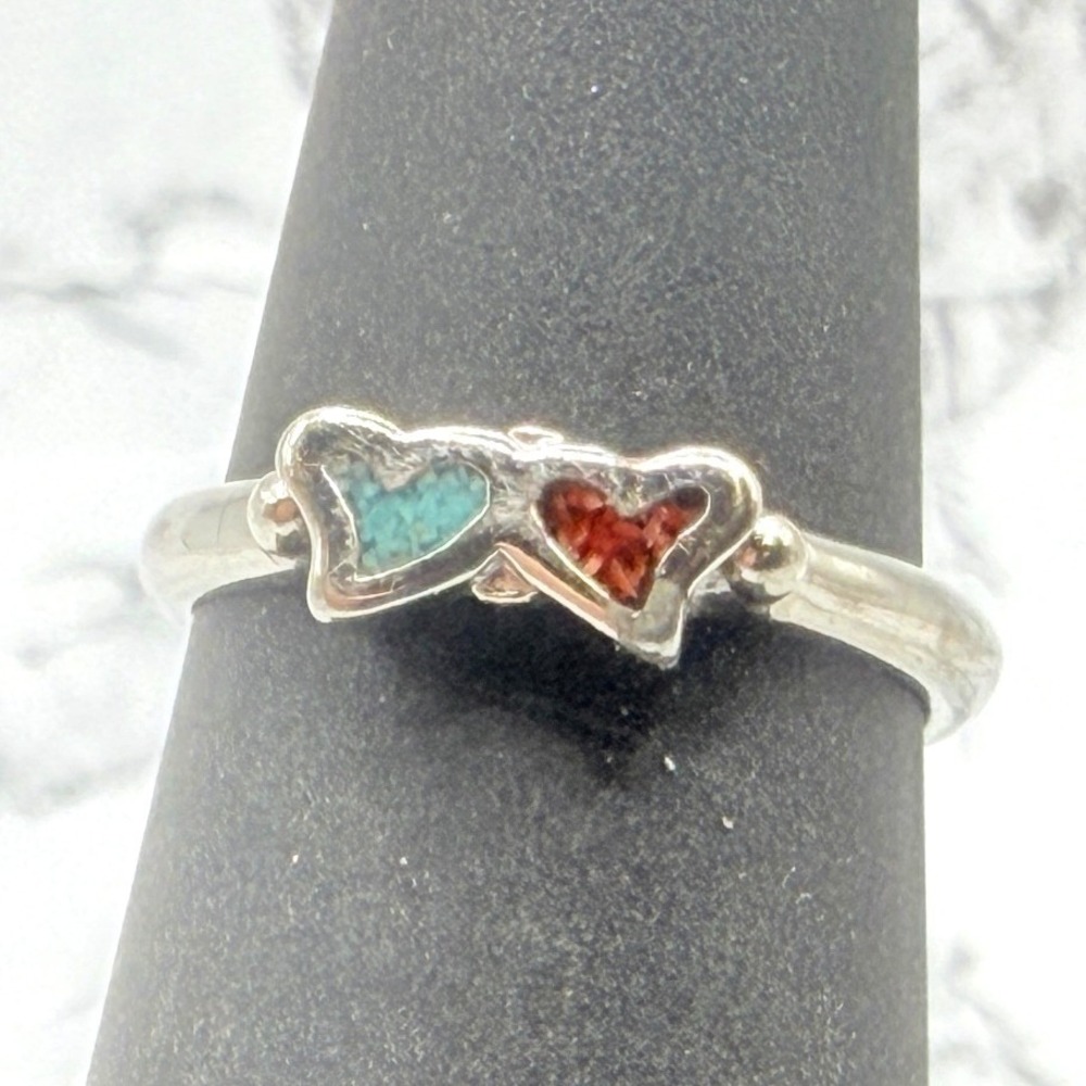 Turquoise Red Double Heart Silver Tone Pinky Ring Size 4